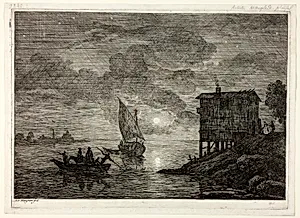 Moonlit Harbor Scene with Ferry