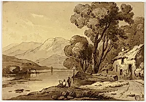 Mountainous Landscape with Artist Sketching in Foreground