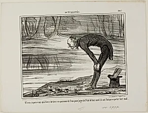 Mr. Coste noticing that the fish he took out of the water in order to analyse their state of health, end up feeling not well at all, plate 387 from Actualités by Honoré-Victorin Daumier