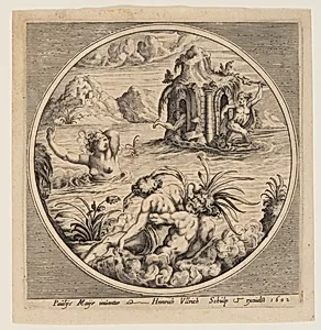 Mythological marine suject in a roundel