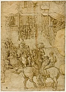 Mythological Pageant (recto); Illegible Inscriptions and Anatomical Studies of Head (verso)