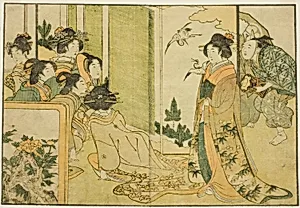 New Year Manzai Performance at a Feudal Lord's Mansion, from the illustrated book "Picture Book: Flowers of the Four Seasons (Ehon shiki no hana)," vol. 1 by Kitagawa Utamaro