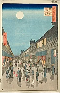 Night View of Saruwaka-machi (Saruwaka-machi yoru no kei), from the series One Hundred Famous Views of Edo (Meisho Edo hyakkei) by Utagawa Hiroshige