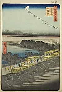 Nihon Embankment, Yoshiwara (Yoshiwara Nihonzutsumi), from the series "One Hundred Famous Views of Edo (Meisho Edo hyakkei)" by Utagawa Hiroshige