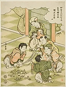 No. 4: Chinese boys playing a raffle game, from the series "Children Say 'This is Japan!' and Imitate the Games They See in Picturebooks (Yodo iu koitsu wa Nippon, ezoshi o mite yori sono gai ni asobu)" by Torii Kiyonaga