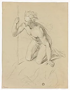 Nude Man Kneeling, Holding Staff (recto); Alpine Panorama (verso)