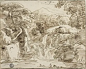 Nymphs Bathing near Waterfalls in Mountain Landscape