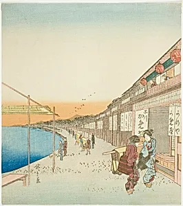 Pedestrians and Shops by the Harbor of Shinagawa by Utagawa Hiroshige