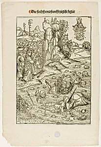 Pharoah and His Host Perishing in the Red Sea (verso); The Freeing of King Joachim of Jerusalem (recto), pages 56 and 55, from the Treasury (Schatzbehalter)