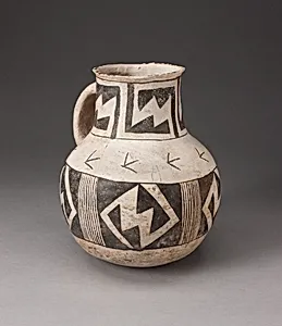 Pitcher with Stepped-Interlocking Motifs and Vertical Hatching