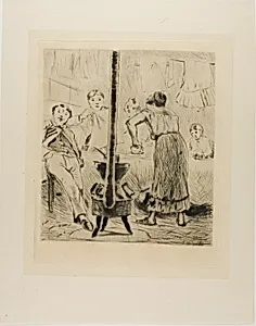 Plate from l'Assommoir (women ironing, man seated before a woodstove)