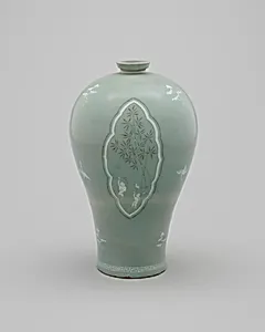 Plum Vase (Maebyeong) with Clouds, Cranes, and Children Motifs by Unknown