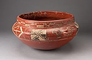 Polychrome Bowl with Geometric Designs and Face in Relief on Shoulder