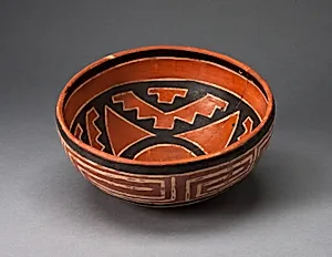 Polychrome Bowl with Geometric Star Motif on Interior and Interloking Scroll on Exterio