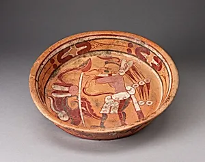 Polychrome Plate Depicting a Standing Figure with Ornate Speach-Scroll