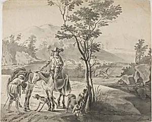 Riders and Dogs in Rocky Landscape