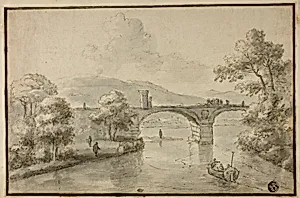 River with Arched Bridge and Boat