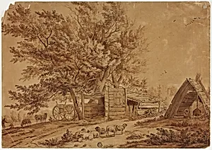 Rustic Scene with Sheep, Sheds, and Spreading Trees