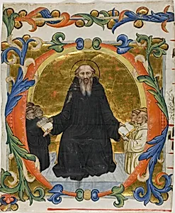Saint Benedict Presenting his Rule to Benedictine and Cistercian Monks in a Historiated Initial "O" from a Choirbook