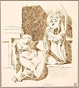 Seated Troubadour Looking at Woman Asleep on Ledge by Henry Fuseli