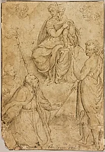 Seated Virgin and Child with Bishop Saint and Monastic Saint, and Saint John the Baptist