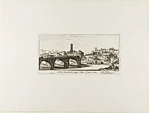 Senatorial Bridge, Today called the Ponte Rotto [Broken Bridge]. 1. Temple of Vesta. 2. Temple of Fortuna Virilis. 3. Part of the ancient Palatine, plate 14 from Some Views of Triumphal Arches and other Monuments by Giovanni Battista Piranesi