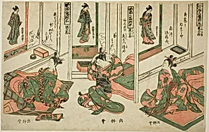 Set of Three Hanging Scrolls, Day Dream Plays (Kakemono sampukutsui utsusu no asobi) by Nishimura Shigenaga