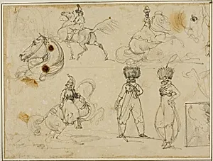 Sheet of Sketches: Soldiers, Horses and a Landscape by Jean Louis André Théodore Géricault
