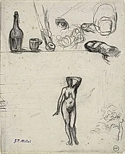 Sheet of Sketches: Standing Female Nude, Tree, Still Life, Fingers and Eye