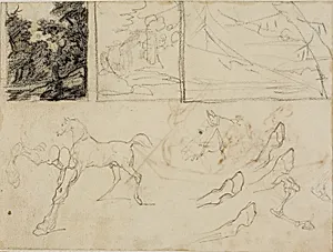 Sheet of Sketches: three Landscapes, Horses, and Hooves by Jean Louis André Théodore Géricault