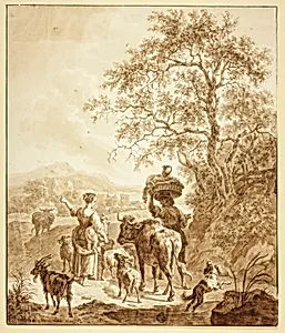 Shepherdess and Peasant with Flock in Italianate Landscape