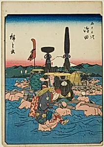 Shimada, from the series "Fifty-three Stations [of the Tokaido] (Gojusan tsugi)," also known as the Figure Tokaido (Jinbutsu Tokaido) by Utagawa Hiroshige