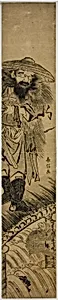 Shoki (Chinese: Zhong Kui), the demon queller, standing on a bridge by Suzuki Harunobu
