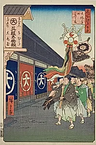 Silk-goods Lane, Odenma-cho (Odenma-cho gofukudana), No.74 from the series "One Hundred Famous Views of Edo (Meisho Edo hyakkei)" by Utagawa Hiroshige