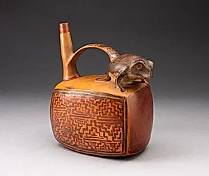 Single Spout Rectangular Vessel with Sculpted Frog and Textile-like Motifs