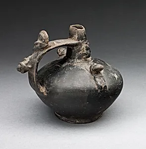 Single Spout Strap Vessel with Attached Molded Figures