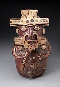 Single Spout Vessel in the Form of a Seated Figure Wearing Mask and Headdress, Holding a Trophy Head by Nasca