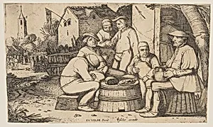 Six Peasants using a Barrell Butt as a Table
