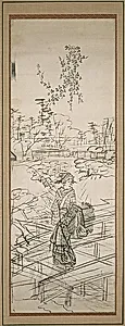 Sketch of woman crossing bridge by Utagawa Hiroshige