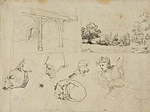 Sketches of A Shed, A Landscape, Dogs and Various Figures by Jean Louis André Théodore Géricault