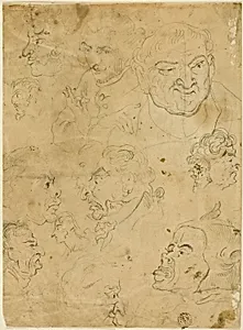Sketches of Caricature Heads (recto), and Various Small Figures (verso)
