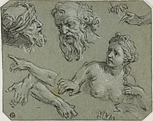Sketches of Half-Length Female Nude, Male Heads, Arms