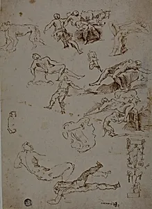 Sketches of Male Nudes, Animals, and Ornamental Details by Polidoro da Caravaggio