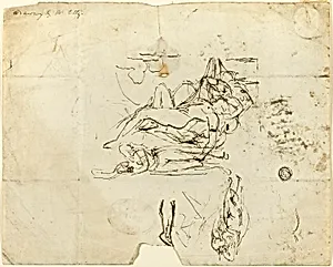 Sketches of Reclining Female Nude and Amorous Couple