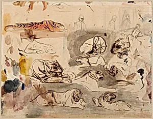 Sketches of Tigers and Men in 16th Century Costume by Eugène Delacroix