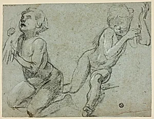 Sketches of Two Putti, One Holding Hand of Dead Christ (recto); Torso and Legs of Kneeling Figure (verso)