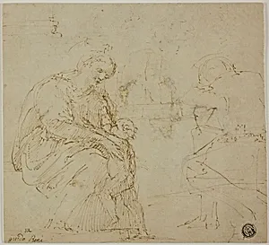 Sketches of Virgin and Child, Seated Figure, and Landscape