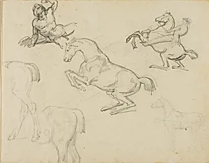 Sketches: Reclining Nude, a Horseman and Various Horses by Jean Louis André Théodore Géricault