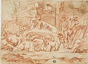 Stable Interior: Herder Resting with Sheep, Cow, Goats and Dog