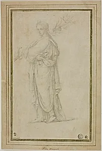 Standing Draped Female Figure Carrying Trumpet, Flowers